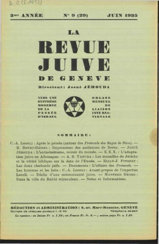La Revue Juive de Genève. Vol. 3 n° 9 fasc. 29 (juin 1935)